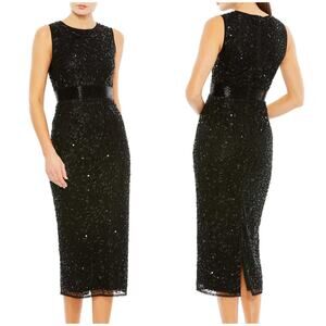 Mac Duggal NWT Geometric Embellished Sleeveless A Line Midi Dress Black Size 4
